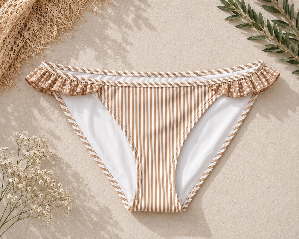 NWT Aerie Women's Seersucker Striped Ruffle Bikini Bottom Raw Sienna Size M